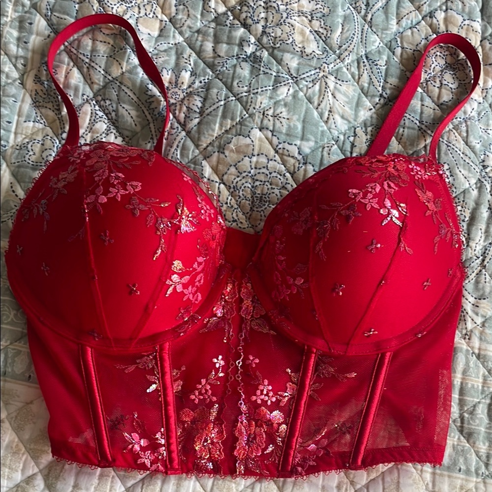 Victoria's Secret Red Floral Embroidered corset bra
